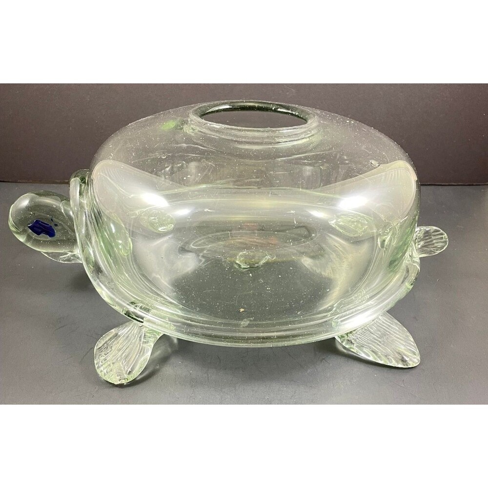 Vintage Hand Blown Turtle Terrarium Planter 11x 8.5" Art Glass Clear Blue
